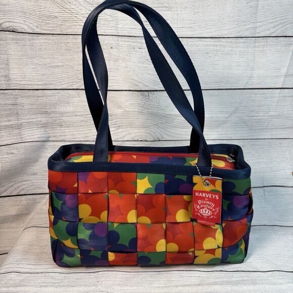 Disney Harvey’s Seatbelt Pop Art Rainbow Mickey Heads Tote Bag Purse Hang Tag - Picture 1 of 8
